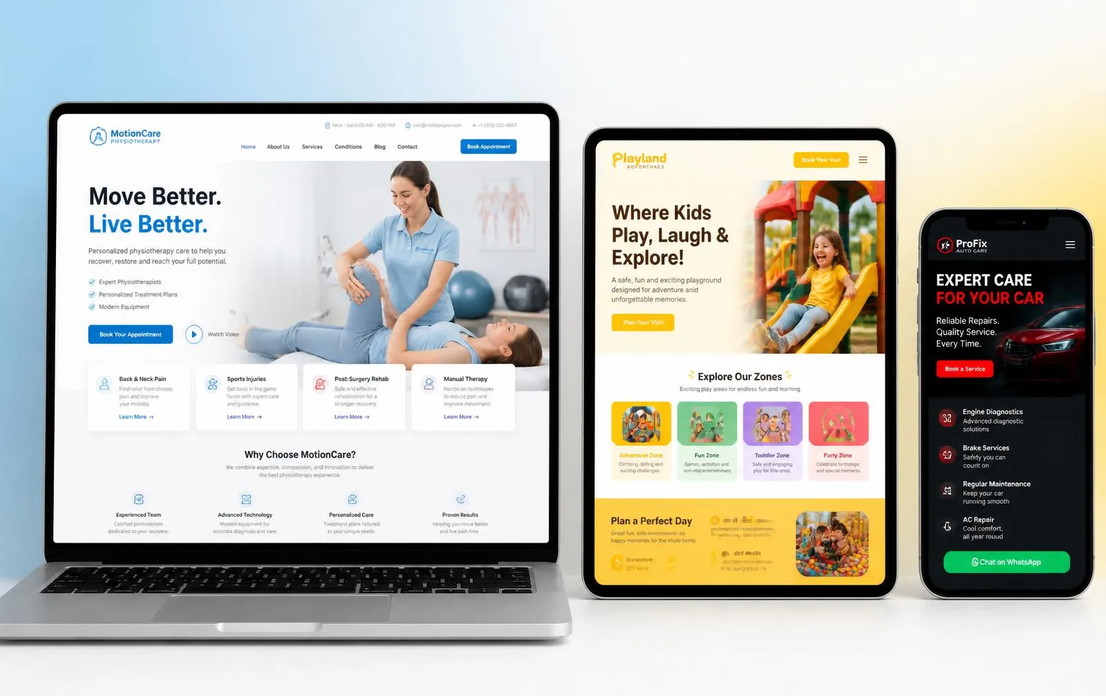 Exemplos de sites CWB Partners exibidos em notebook, tablet e smartphone com layout responsivo